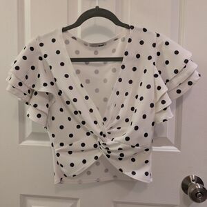 Fashion Nova White and Black Ruffled Crop Blouse